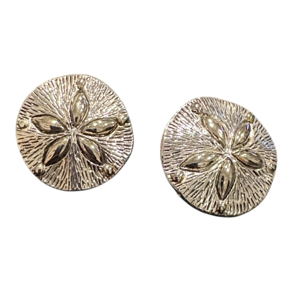 Vintage MJ Signed Silver Metal Sand Dollar 1980's Jewelry Earrings JB8